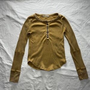 We The Free Mustard Yellow Waffle Knit Henley Long Sleeve Tee
